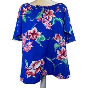 80s Vintage Hilo Hatties Blue and Pink Floral Petal Sleeve Blouse Size Medium